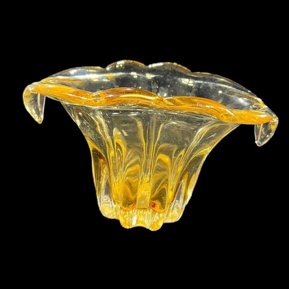 Handcrafted Other - Vtg Hand Blown Art Glass Waterfall Pale Yellow Gold Thick Vase Heavy Teleflora